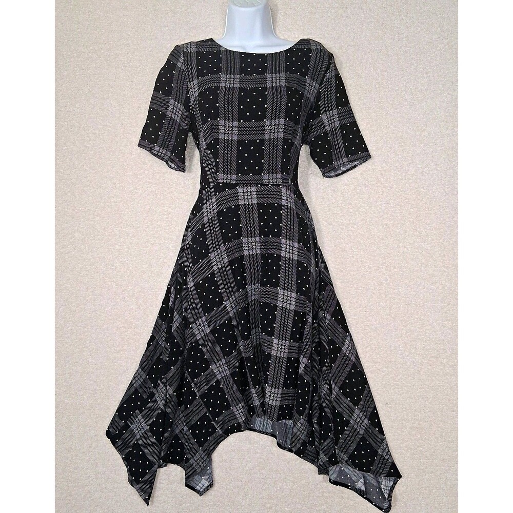 Plaid Polka Dot Asymmetrical Tie Back Mid Dress Sz M 90s Retro Grunge Whimsigoth